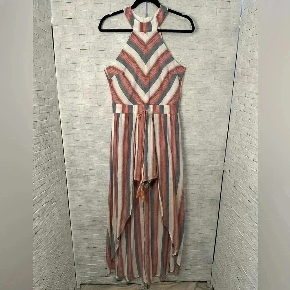 CRYSTAL SKY HI LO SHORTS &‎ SKIRT ONE PIECE HALTER ROMPER Stripped SLEEVELESS